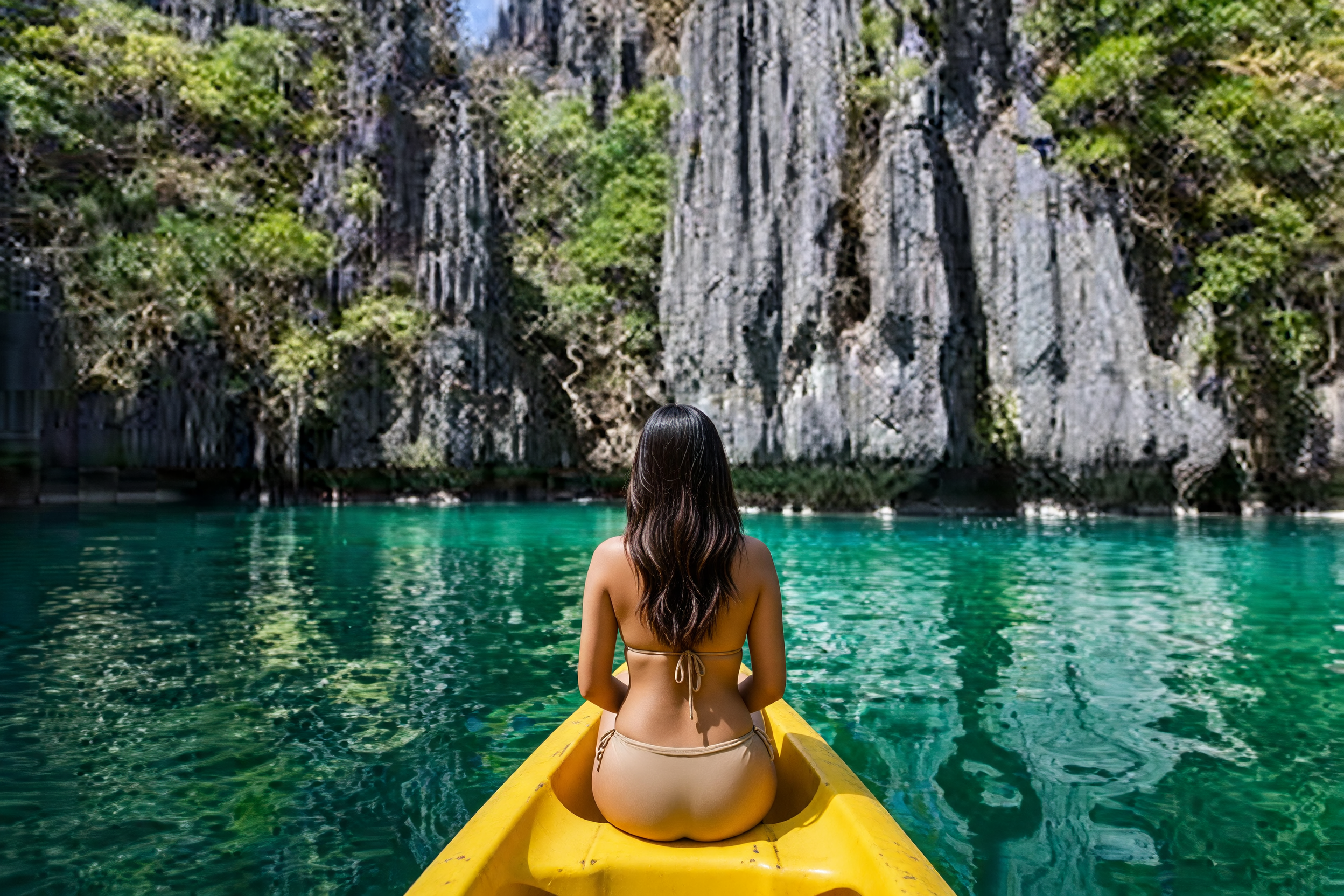 Kayaking through emerald waters between limestone karsts in Ha Long Bay